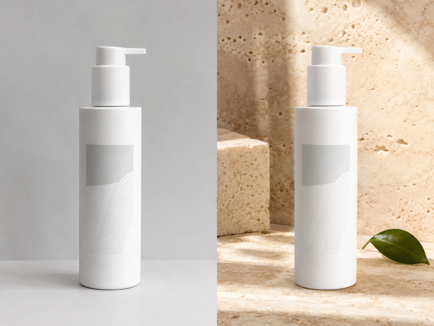 The same skincare bottle before and after an AI background transformation
